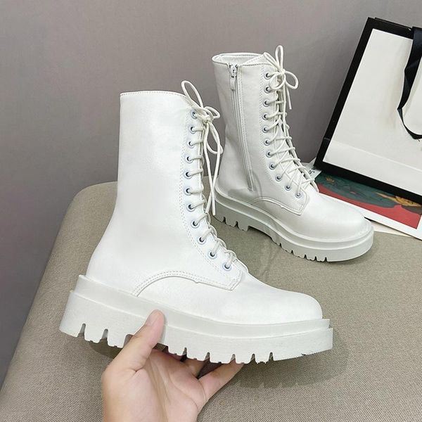 

boots 2021 mid calf women autumn winter fashion lace-up zipper botas mujer sports platform heel ladies shoes size43, Black