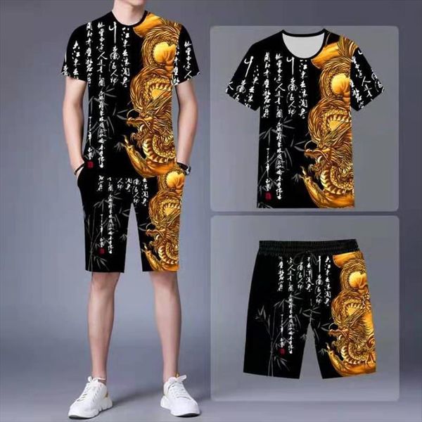 

summer chinese style 3d men tracksuit golden dragon print short sleeved t shirt shorts 2 piece loose and refreshing suit, Gray