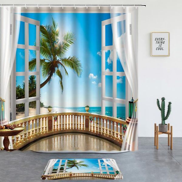 

shower curtains sunlight beach ocean landscape set sea palm tree window non-slip rugs bath mat bathroom screen entrance door