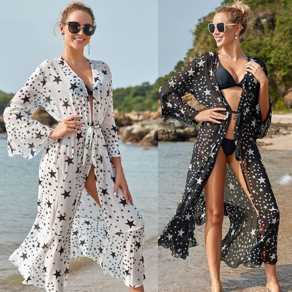 

women swimsuit cover up open front kimono cardigan star print ruffle beach dress x7ya women's swimwear, White;black