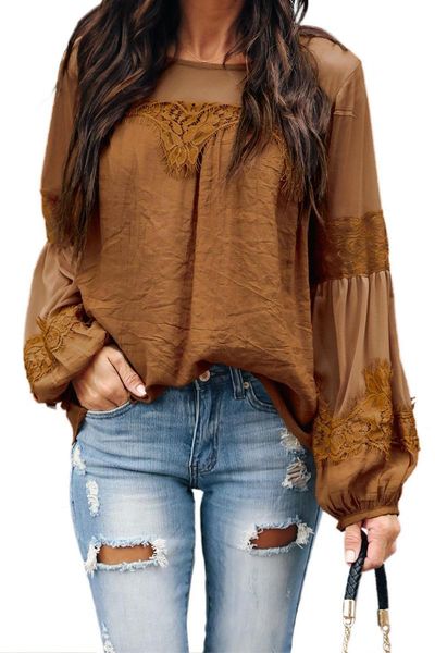 

women's blouses & shirts white/black/red/sky blue/yellow fashion lantern-sleeve lace patchwork blouse women lightweight cozy to wear in