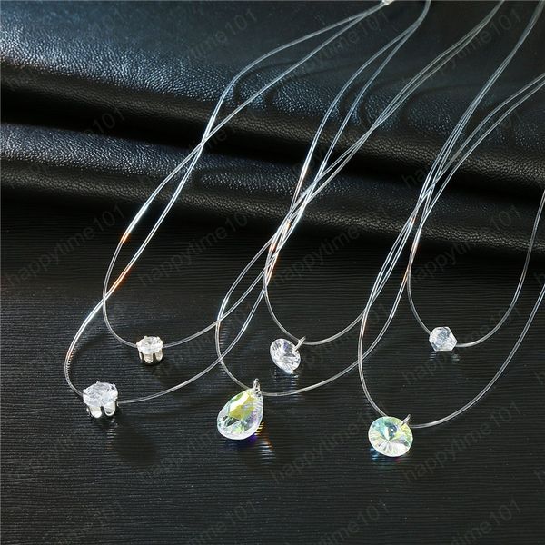 Collane a catena invisibili Collana con linea di pesca trasparente Waterdrop Collana con strass pendente multistrato a 2 strati