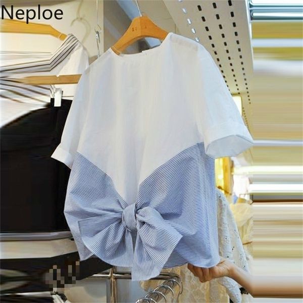 

neploe striped patchwork t shirts women spring korean fashion bow o neck short sleeve ladies tees casual female 1a596 210317, White