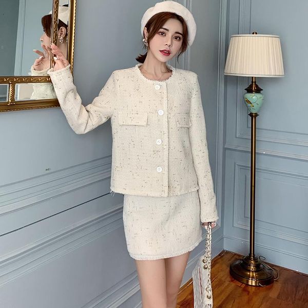 

two piece dress elegant tweed 2 set autumn winter women long-sleeved office lady weave fringed jacket coat + high waist woolen skirt suit, White