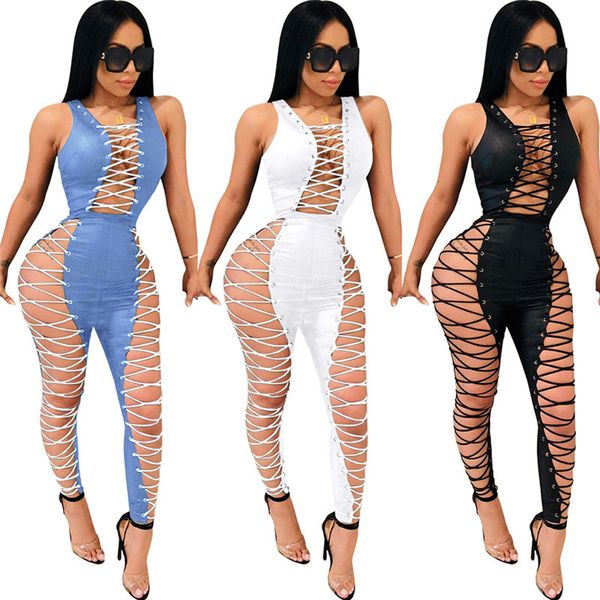 

women's jumpsuits & rompers side lace up party jumpsuit women summer sleeveless hollow out nightclub overall skinny macacao feminino, Black;white
