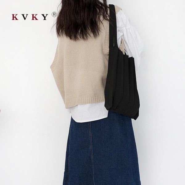 

shopping bags ladies knitted shoulder bag fold wen yi fan sweet solid color black reusable eco