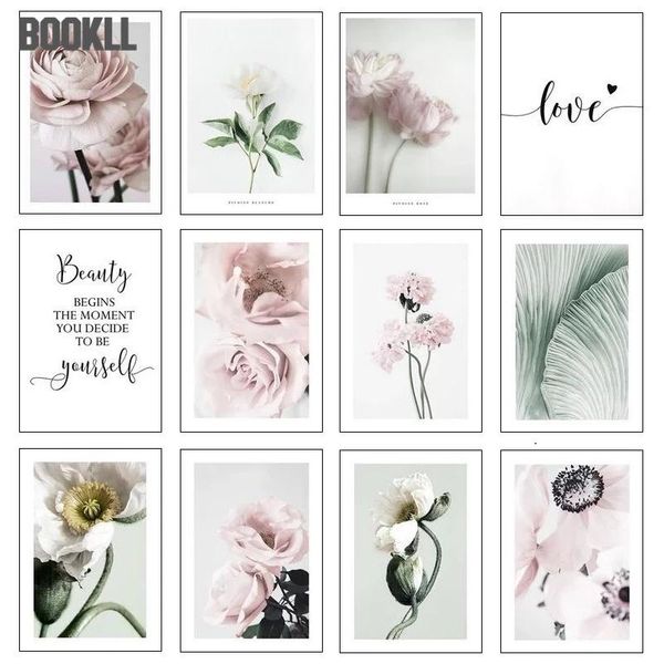 

paintings wall art decoration fresh pink flower painting canvas poster girl room decor aesthetic green leaves living home