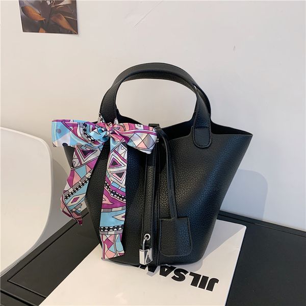 

silk scarf texture large capacity handbag women's soft leather vegetable basket bucket bag hand outlets