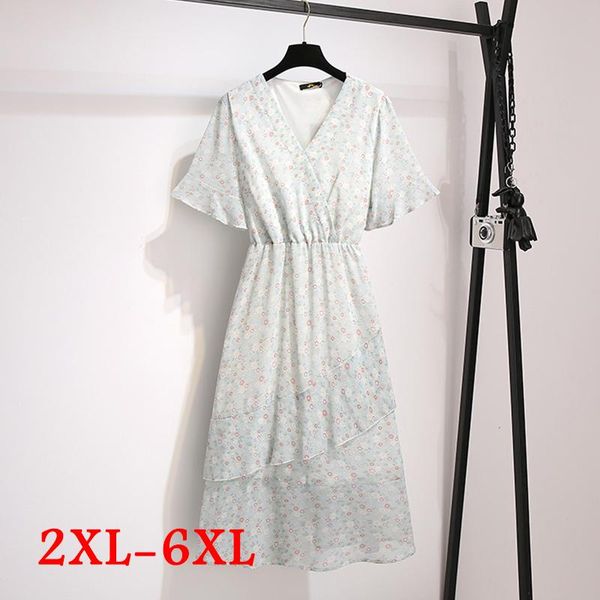 

plus size dresses women clothing dress 2xl-6xl floral print v-neck cake elegant irregular chiffon casual vestiods mujer skirt, Black