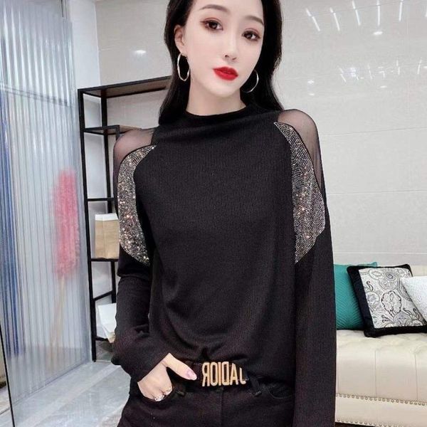 

hoodies inlaid long sleeve t-shirt and mesh sewing women, mid high collar t-shirt, autumn,, Black