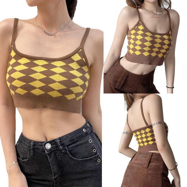 

women's tanks & camis 2021 women casual sleeveless crop , yellow plaid printed pattern u-shaped collar camisole,suspender /night clu, White