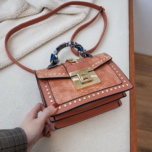 

factory wholesale women handbag scarves decorated womens shoulder bag elegant crocodile leather handbags personality rivet lock fashion bags, Black;red