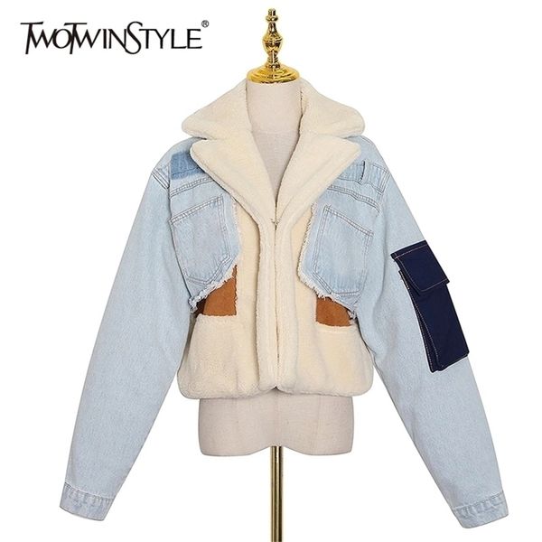 

twotyle patchowrk lambswool denim jacket for women lapel long sleeve tassel casual coat female winter fashion 210804, Black;brown