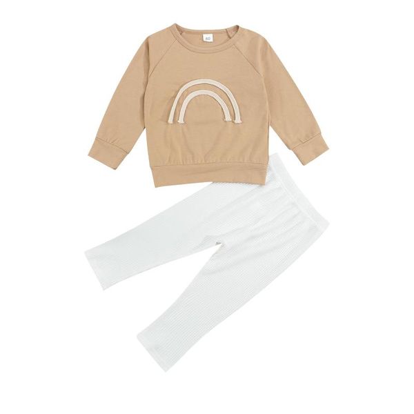 

clothing sets 2021 1-6y casual kids baby girl boy clothes set 3d rainbow long sleeve round neck sweatshirt+white solid pants fall