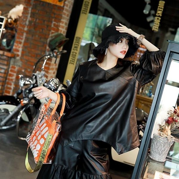 

women's leather & faux gothic puff sleeve womens sheepskin real pullover loose fit hip hop ladies irregular jacket streetwear short, Black