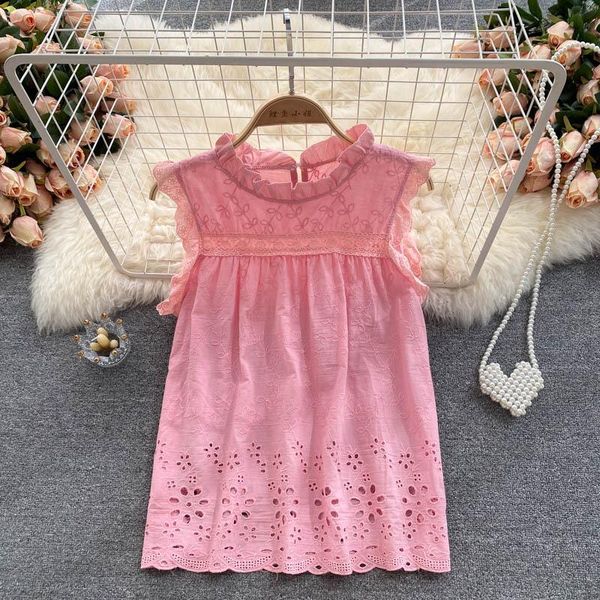 

women's blouses & shirts women fashion sweet wooden ear round neck slim retro embroidered hollow summer sleeveless vest clothes t615, White