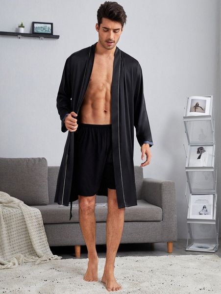 

men contrast piping belted satin robe & shorts pj set y84s#, Black;brown