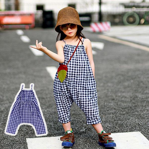 

jumpsuits baby girl summer korean fashion kids girls plaid overalls pants 2-7 years children's sling jumpsuit clothes, Blue