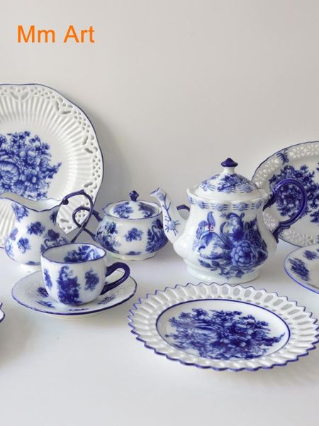 

dishes & plates chinese style blue color underglaze hollow plate teapot cup and saucer tableware set