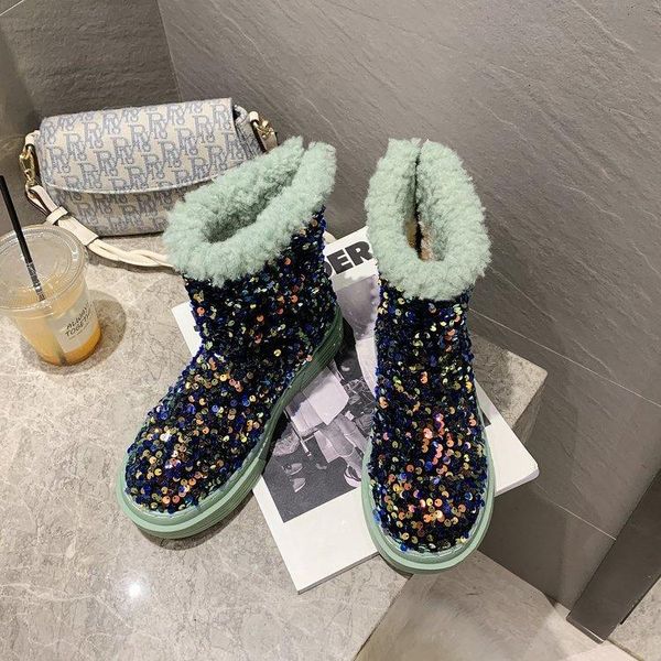 

boots 2021winter women snow high add wool warm sequins shoes zip female big yards platform, Black