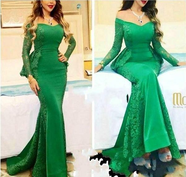 

elegant green evening dresses off the shoulder lace tiered long sleeeves 2021 sweep train custom made prom party gown formal occasion wear v, Black;red