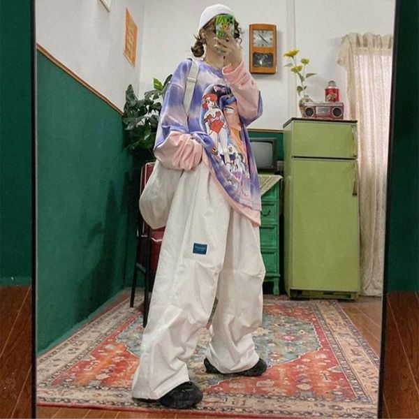 

women's pants & capris houzhou white baggy cargo women harajuku oversize elastic waist wide leg trousers casual japan style black korea, Black;white