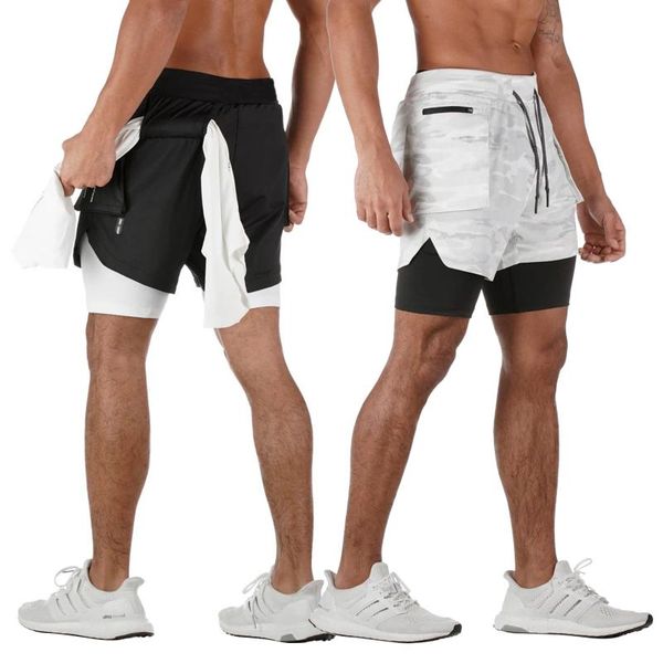 

men's double-layers sports shorts, sweat absorption quick drying drawstring waist short pants with side pockets style 2021 shorts, White;black