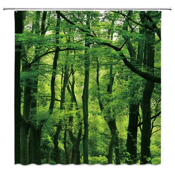 

spring forest shower curtain green arbor woodland with refreshing leaves decor rural outdoor scenery,fabric bathroom set with