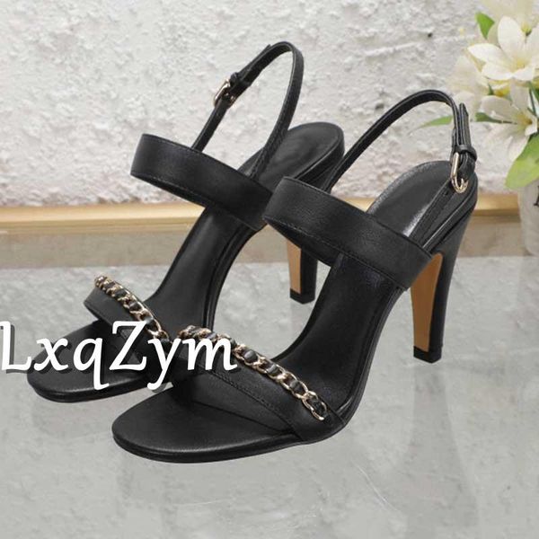 

sandals brand elegant peep toe black belt metal chain decoration high heel woman leather dress party size 34-40