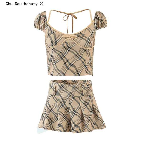 

spring summer fashion vintage plaid square neck puff sleeve crop high waist pleated mini skirt suit women 210508, White