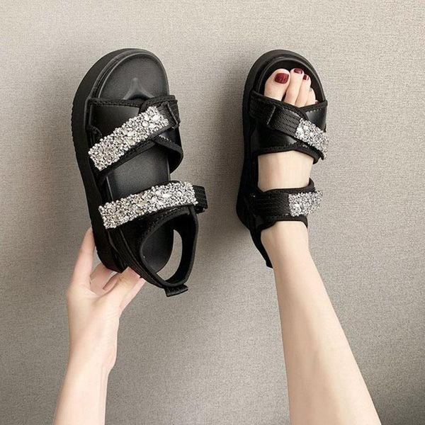 

bling crystal hook&loop sandals women 2021 slippers creepers summer gladiator shoes woman thicken soled student sandalias mujer dress, Black