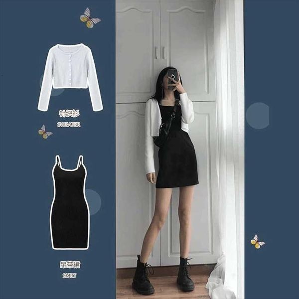 

two pieces skirt set] womens tracksuits black suspender dress white high waist slim early spring girl piece suit set, Gray