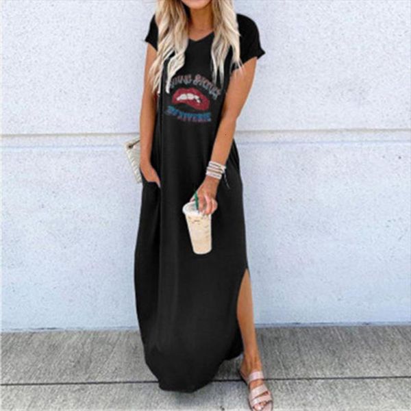 

casual side split ankle length womens dresses short sleeve red lip print ladies o neck loose long streetwear, Black;gray
