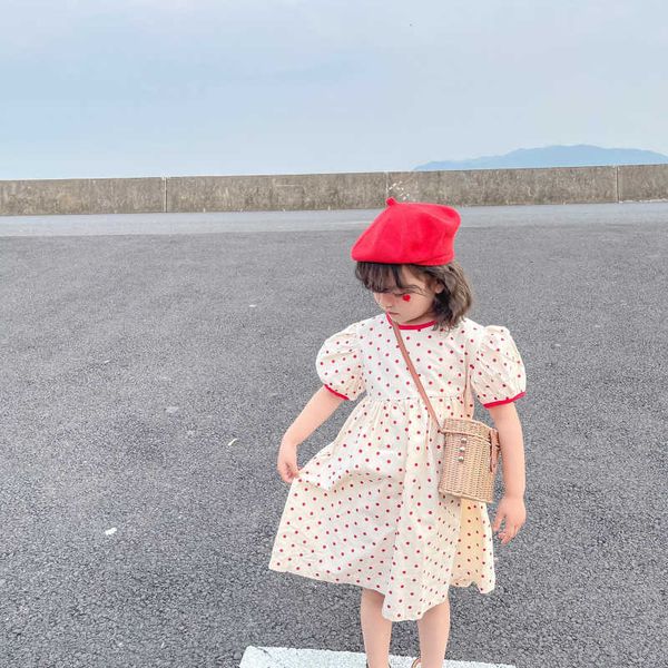 

korean style girls summer brief dot princess dresses children cotton casual puff sleeve dress 210615, Red;yellow
