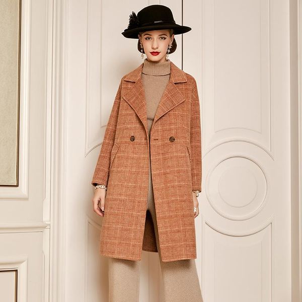 

women's wool & blends shzq 2021 autumn and winter double-sided orange plaid coat medium long korean thickened cashmere, Black