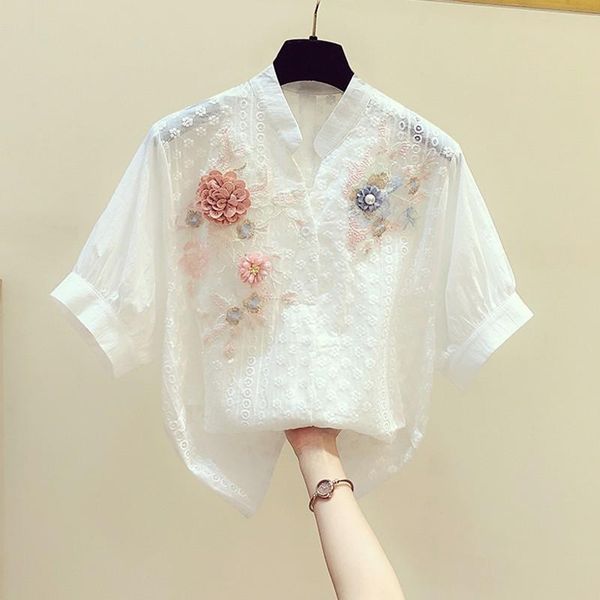 

women's blouses & shirts vintage embroidery women 2021 summer v-neck short-sleeved loose lady elegant pulls outwear coat, White