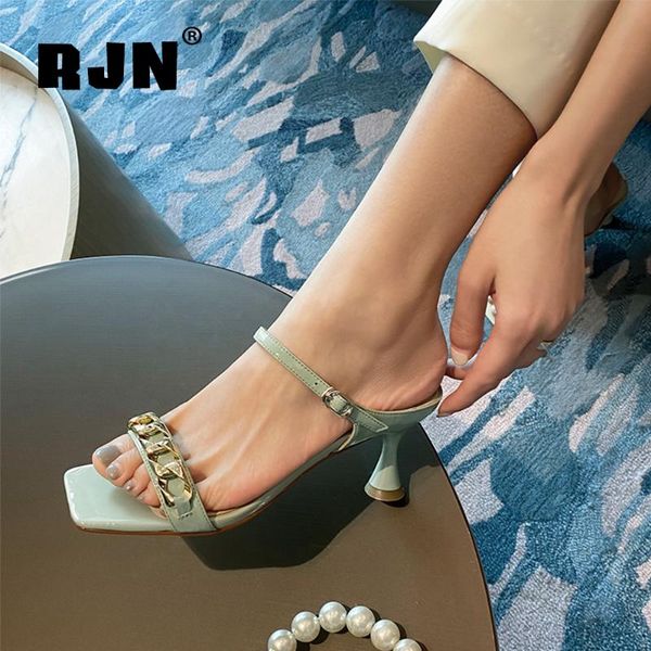 

dress shoes rjn thin heels high stylish metal decoration women sandals summer dressing square toe patent leather chain 2021 rl120, Black