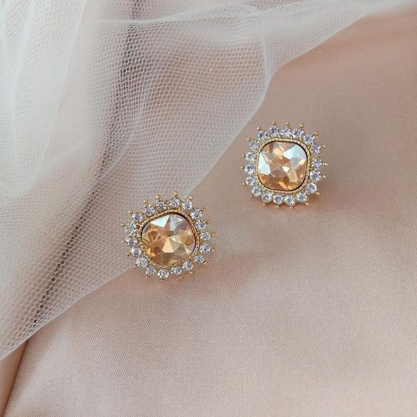 

stud s925 silver needle fashion 2021 trendy net red temperament simple retro square rhinestone gemstone earrings, Golden;silver