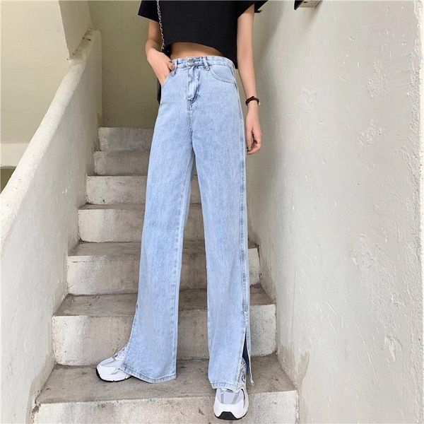 

women's high waist woman korea style long split foot zipper solid female denim jeans floor length pants trousers mujer, Blue