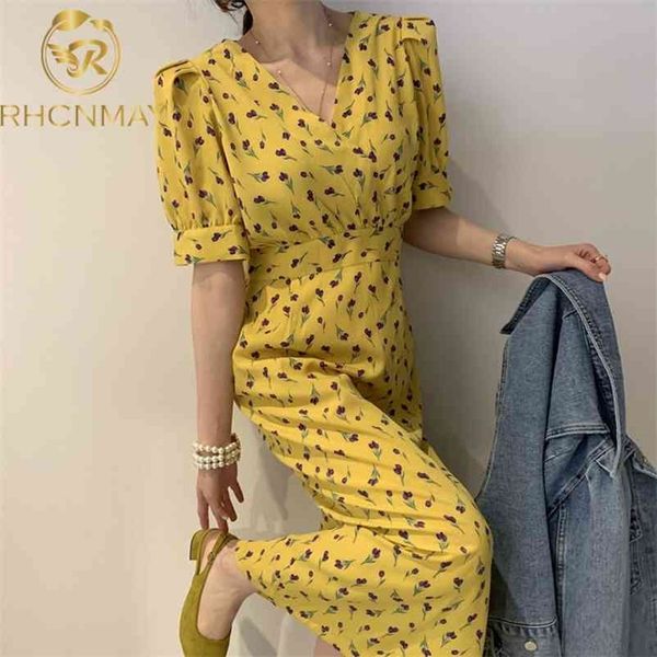 

fashion flower print dress women elegant v neck puff sleeve ladies vestidos summer slim waist female dresses 210520, Black;gray