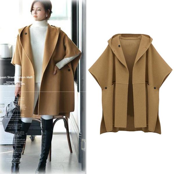 

women's wool & blends large size woolen coat 2021 autumn winter hooded thick cashmere cloak female jacket women, Black