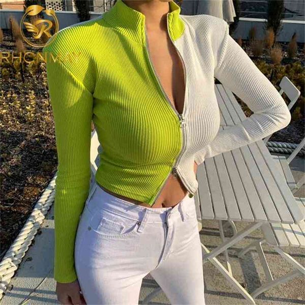 

green zip up patchwork cardigan coat sweater ribbed knitted long sleeve strech casual women summer streetwear 210506, White