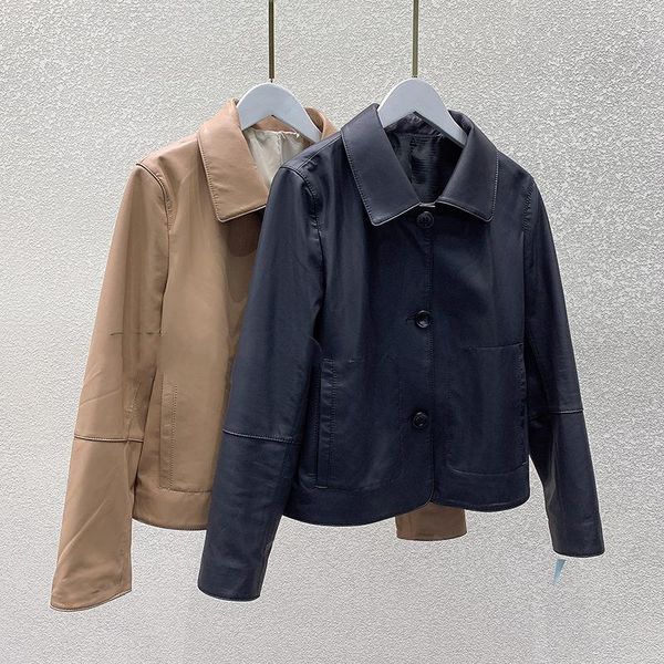 

women spring autumn fashion vintage lapel short sheepskin leather jacket coat women's & faux, Black