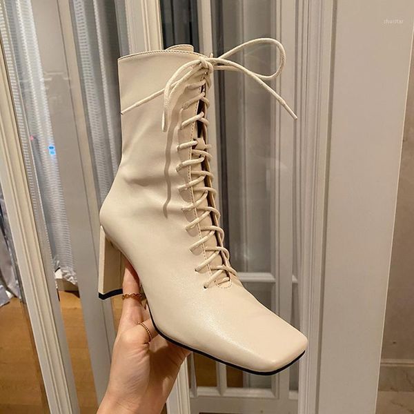 

boots autumn women square toe ankle short cross tied lace up side zipper shoes woman thick high heels pumps beige1, Black
