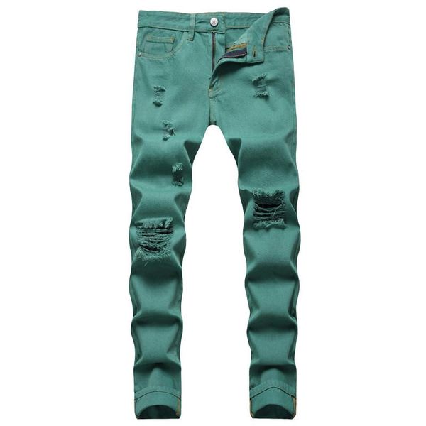 

men's jeans 2021 loose bleached green casual straight-leg ripped denim trousers, Blue