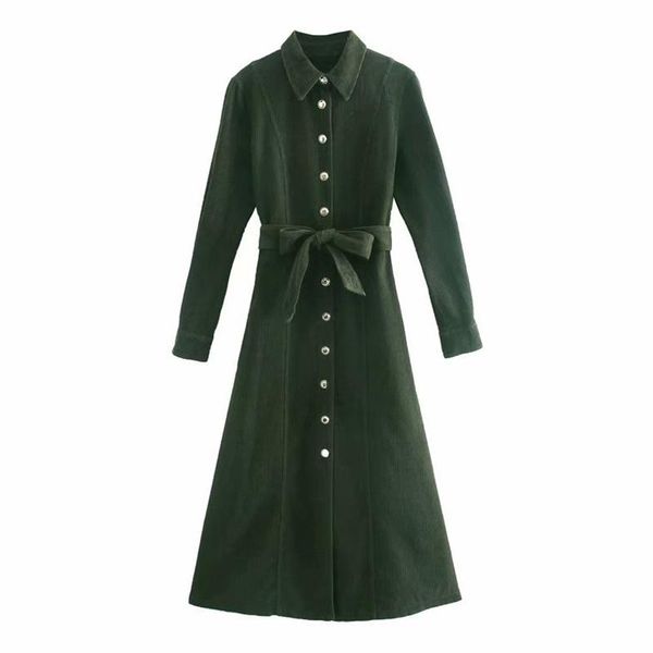 

casual dresses hadara fashion collected waisted women elegant single breasted long sleeve dress armygreen midi ladies, Black;gray