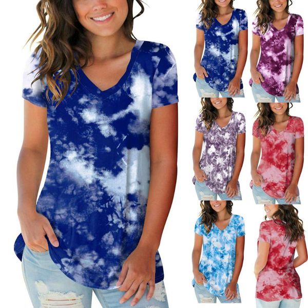

women's t-shirt home&nest womens fashion plus size gradient color v-neck short sleeve casual tie-dye print femme clothes, White