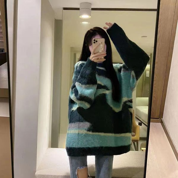 

korean languid mohair abstract pattern women's 21 early autumn new texture soft waxy loose sweater, White