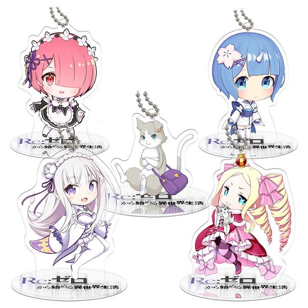 

relife in a different world from zero key chain women acrylic cartoon standing model cute figure rem ram emilia key ring brelok, Slivery;golden