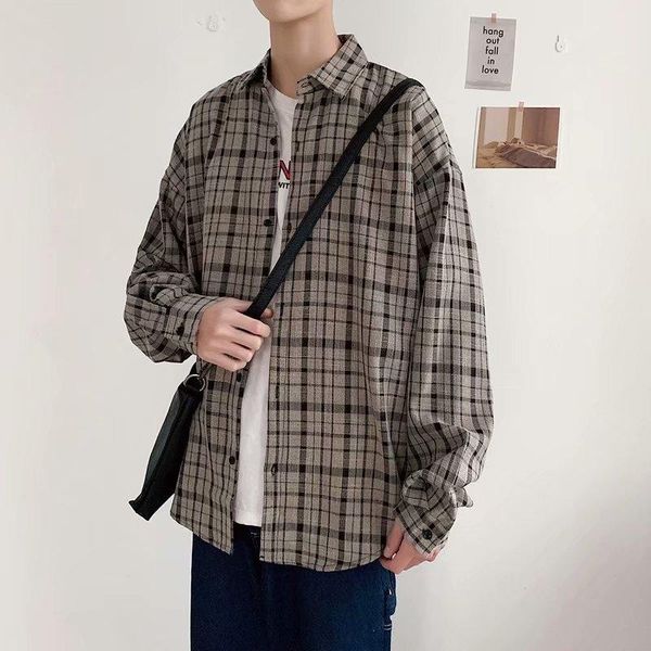

men clothing 2021 ins plaid long-sleeved shirt boys fashion tide brand spring korean trend camisas para hombre men's casual shirts, White;black